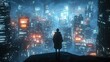 © Photographer - Person silhouette overlooking a futuristic cityscape with glowing lights at nighttime view from above
