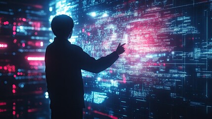 Man pointing at a large screen displaying complex data with blue and red neon lighting effect