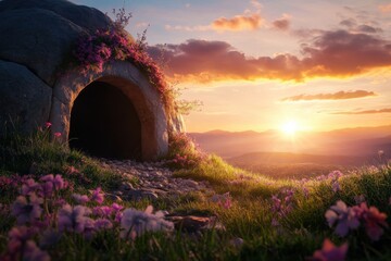 Wall Mural - Stone Cave Entrance Covered in Flowers at Sunrise in Mountains Landscape Scenery Beautiful Nature View