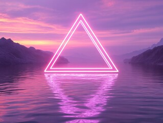 Wall Mural - Neon triangle over water at sunset landscape reflecting in lake with mountains in background ethereal glow
