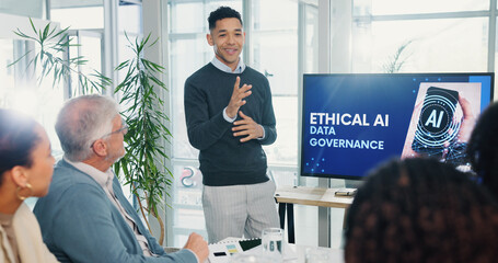 Man, presentation and screen with meeting for AI ethics, smile and planning for future web development at office. Person, speaker and staff in boardroom with data governance at startup tech agency