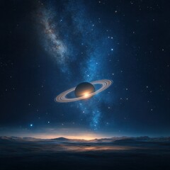 Wall Mural - Saturn rising over alien planet landscape with stars and milky way in background wide angle space art