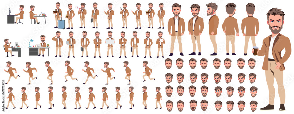 Man Character design. Front, side, back view and explainer animation ...