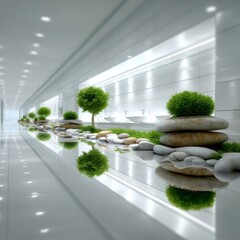 Fototapete - Zen Inspired Interior: Serene Harmony of Stones, Greenery, and Reflections in a Modern White Hallway