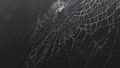 Delicate spiderweb intricate design with dew drops.