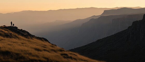 Wall Mural - Mother and Child Silhouette Admiring Mountain View at Sunset Dramatic Landscape Photography Drakensberg South Africa