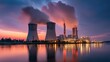 © Suphawan - Thermal power plant with no smoke emissions, chimneys standing still against a serene evening sky
