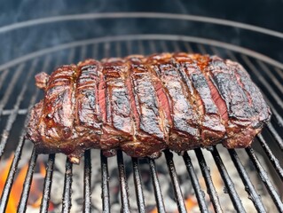 Wall Mural - Grilled beef roast cooking on barbecue with flames and smoke close up eye level view summer outdoor