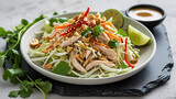 Thai chicken salad with cabbage, carrots, and peanut dressing on white plate. Perfect for food banner, healthy menu, Asian salad photography.