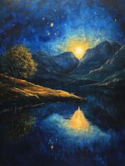Wall Mural - Oil Painting of Mountain Lake at Night with Starry Sky and Reflection Landscape Art