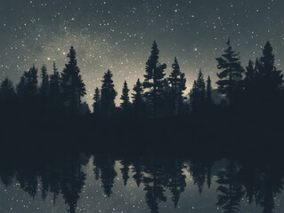Wall Mural - forest silhouette reflection at night with starry sky and milky way in background scenic landscape