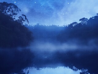 Wall Mural - tranquil lake reflecting starry night sky in forest landscape at nighttime in mysterious blue tone