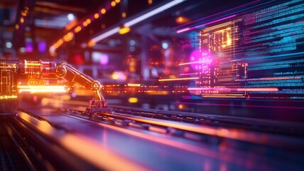 Wall Mural - quantum computing core processing data inside a transparent cylinder with neon light trails, robotic
