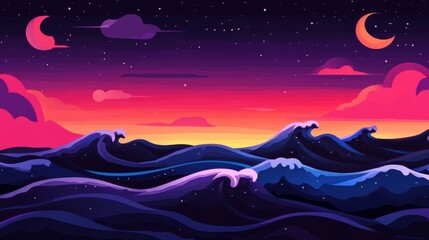 Wall Mural - Stylized Ocean Waves Under Night Sky with Crescent Moons and Clouds Digital Illustration