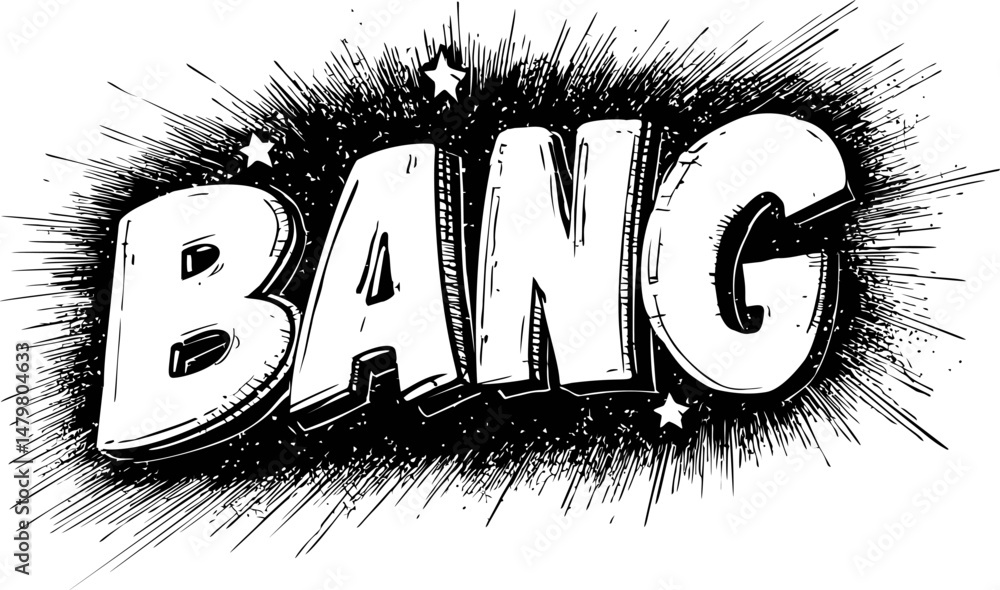 Comic-style explosion with bold lettering 'bang' in black and white ...