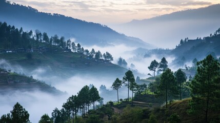 Wall Mural - Misty Mountain Valley Landscape in Nepal Himalayas at Sunrise Aerial View Scenic Beauty Serenity Peaceful Nature Travel Destination Tourism Adventure