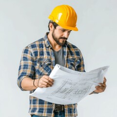 Aufkleber - Construction Worker in Hard Hat Reviewing Blueprints, Ensuring Accuracy and Precision Before Starting Project