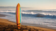 © Mauricio - Beach surfboard art photo: vintage surfboard on sand with ocean waves in background