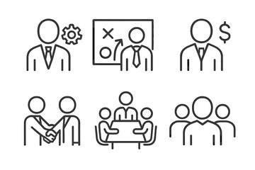 Poster - Business communication icons depicting teamwork, strategy, and leadership in a professional setting