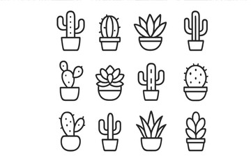 Poster - Collection of simple web icons featuring various cactus and succulent plant designs in pots for use in digital projects