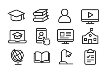 Poster - Collection of web icons representing education and online learning tools in a simplified design format