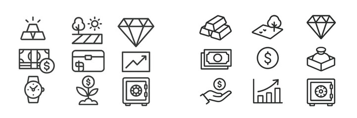 Leinwandbilder - Collection of web icons representing finance, security, and nature themes in minimalistic design
