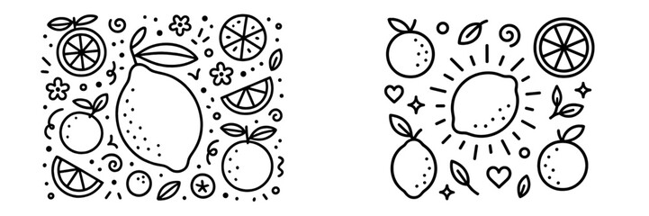 Leinwandbilder - Variety of hand-drawn web icons featuring lemons and oranges in a playful arrangement with decorative elements