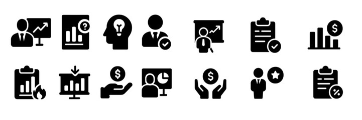 Leinwandbilder - Collection of web icons illustrating business analytics, decision making, and presentations related to finance and growth strategies