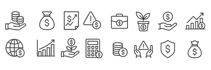 Poster - Collection of financial web icons representing money management, investment strategies, and business concepts for digital resources