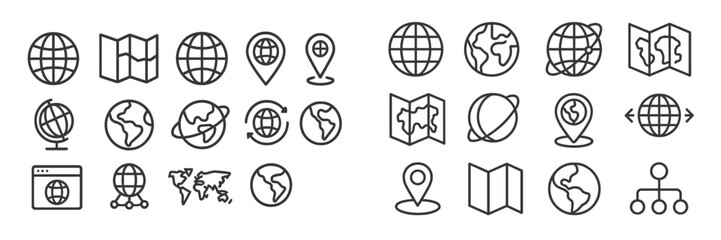 Fototapete - Set of web icons showcasing various globes, maps, and location markers for digital applications and user interfaces
