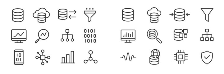 Poster - Set of web icons representing data management, analytics, and networking concepts in a clean, minimal style suitable for various applications