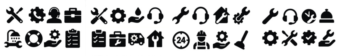 Poster - Collection of black web icons for various services and functionality related to technology and maintenance