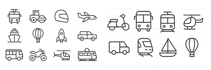 Leinwandbilder - Collection of transport web icons featuring various travel modes and vehicles in line art style for digital projects