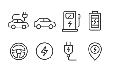 Aufkleber - Collection of web icons depicting electric vehicles, charging stations, and related elements for modern transportation