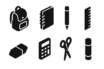 Poster - Collection of web icons featuring essential school supplies including backpack, notebook, and tools for students