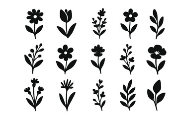 Aufkleber - Set of decorative web icons featuring various flower and leaf silhouettes in a black design for creative projects and websites