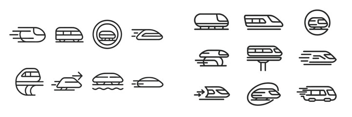 Fototapete - Collection of sleek web icons representing various modes of transportation with a focus on trains and high-speed travel