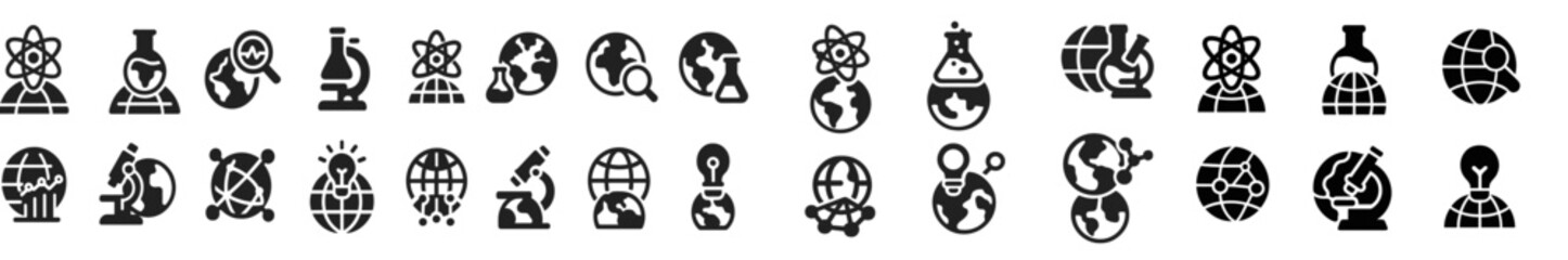 Poster - Collection of monochrome web icons representing science, technology, and global themes in a modern design style