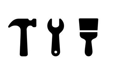 Aufkleber - Set of web icons depicting a hammer, wrench, and paintbrush for construction and repair tasks in a minimalistic design