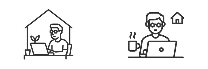 Poster - Set of web icons depicting remote work and home office environments with people using laptops