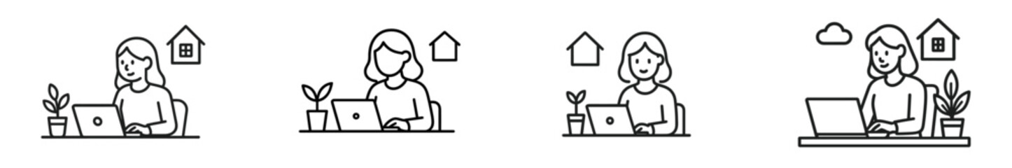 Fototapete - Set of web icons illustrating a person working on a laptop with home and cloud elements