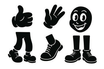 Poster - Set of playful web icons featuring a thumbs up, a waving hand, a smiling face, and cartoon legs and shoes