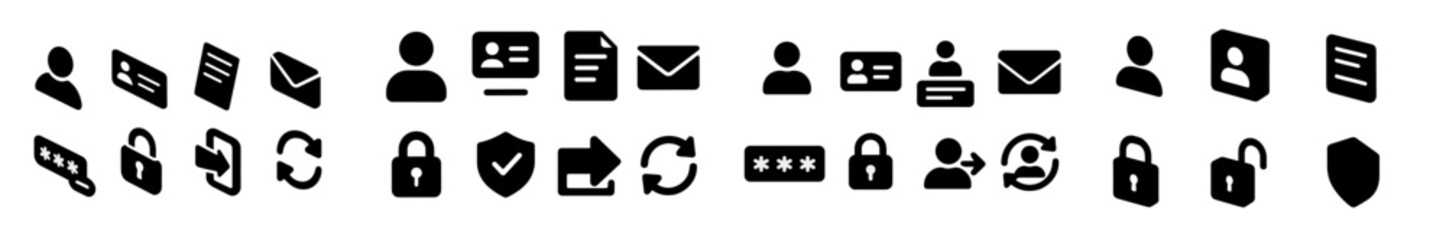 Poster - Set of black web icons featuring user profiles, communication tools, security symbols, and document representations for digital applications