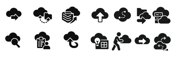 Leinwandbilder - Collection of web icons depicting cloud computing concepts for data transfer, storage, and retrieval in a digital environment