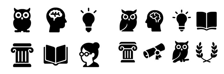 Poster - Collection of black web icons representing education, knowledge, and wisdom in a minimalist design style