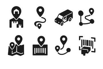 Fototapete - Set of web icons featuring location markers, vehicles, and mapping elements for navigation and delivery services