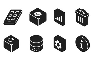Fototapete - Set of black web icons representing mobile technology, data management, and user interface elements for digital applications