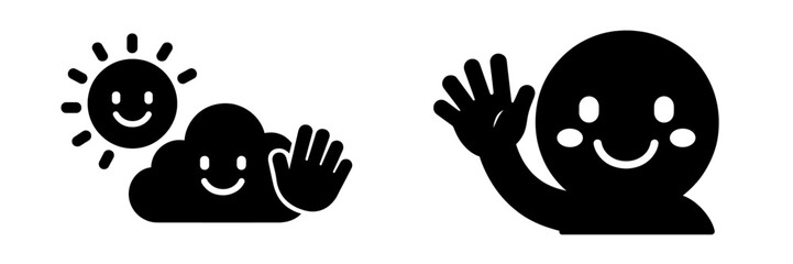 Aufkleber - Set of cheerful web icons featuring a sun, cloud, and a smiling character waving