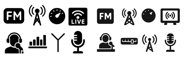 Fototapete - Collection of web icons featuring radio, live streaming, and audio symbols for digital communication