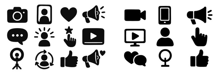 Leinwandbilder - Collection of black web icons representing various digital communication and media concepts for modern online interaction